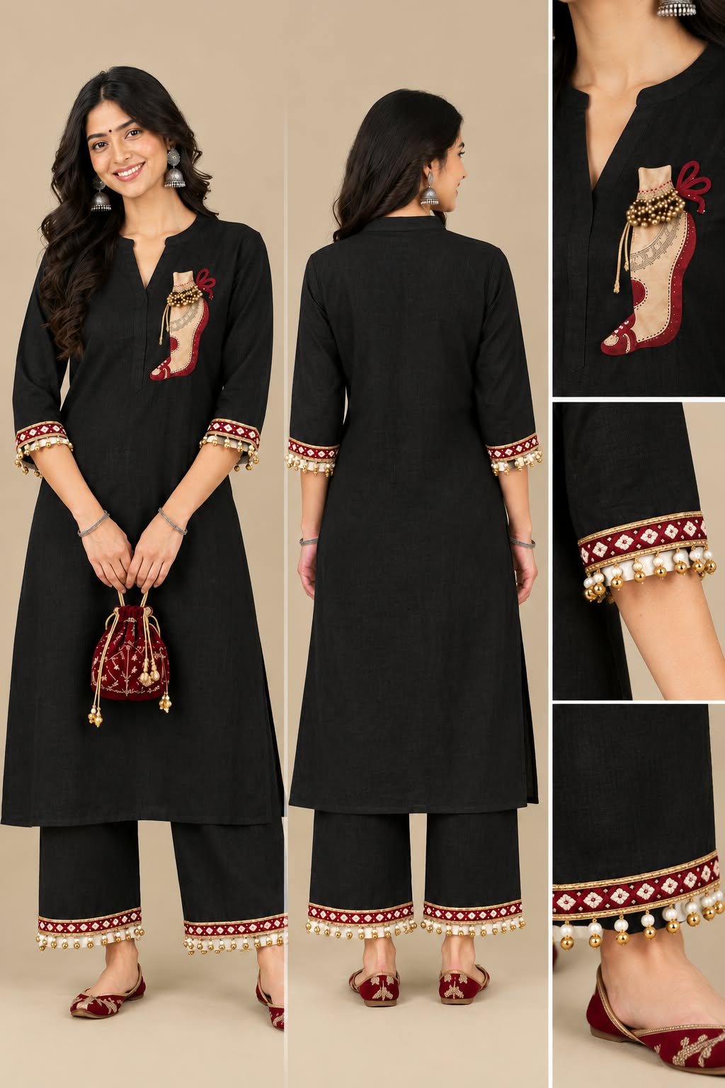 Premium Ivory White Kurta Pant Set with Maroon Embroidery for Women