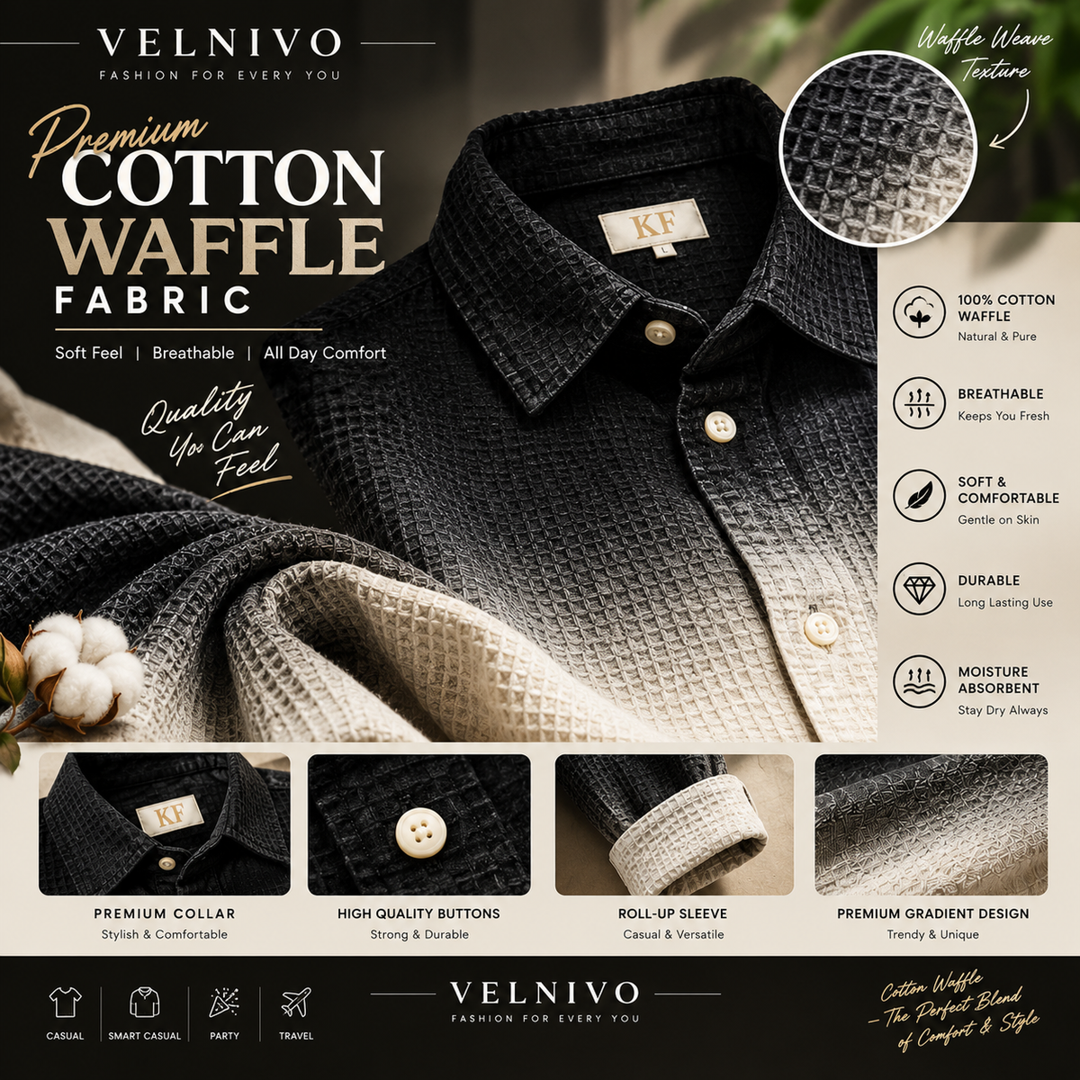 VELNIVO Premium Cotton Waffle Shirt for Men |