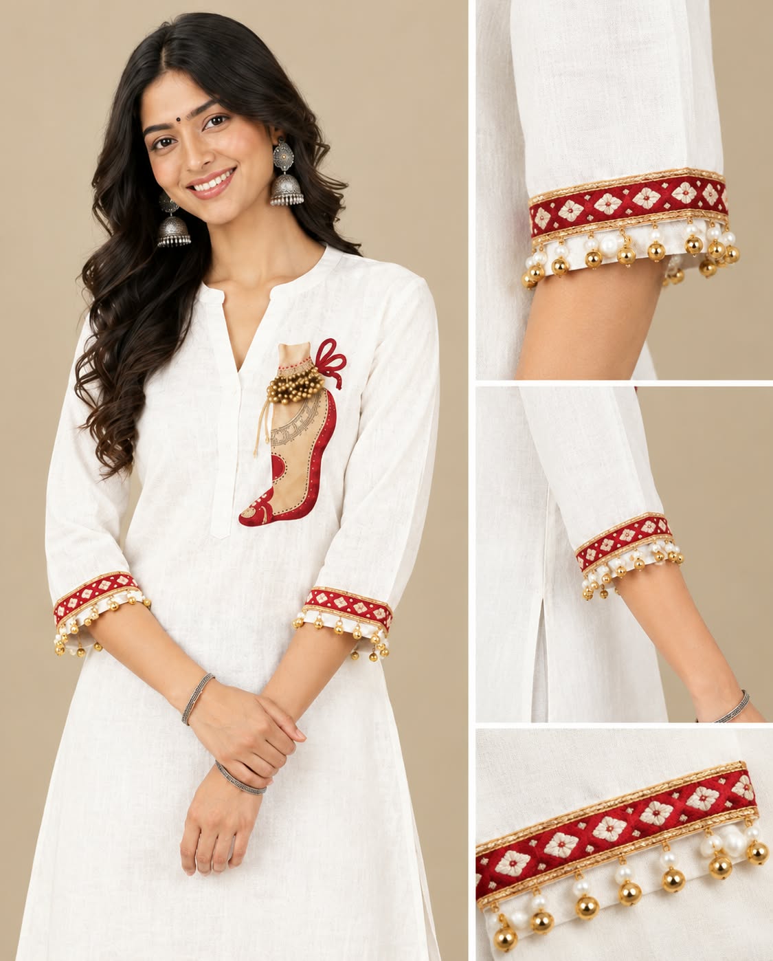 Premium Ivory White Kurta Pant Set with Maroon Embroidery for Women