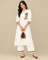 Premium Ivory White Kurta Pant Set with Maroon Embroidery for Women