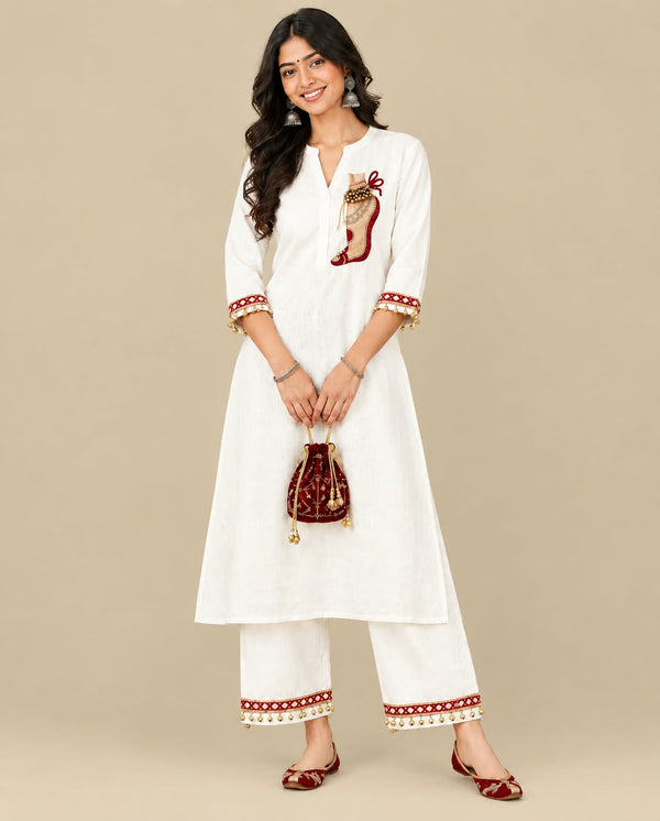 Premium Ivory White Kurta Pant Set with Maroon Embroidery for Women