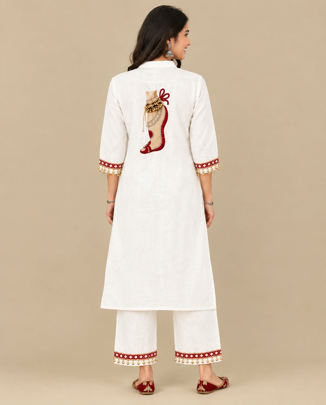Premium Ivory White Kurta Pant Set with Maroon Embroidery for Women