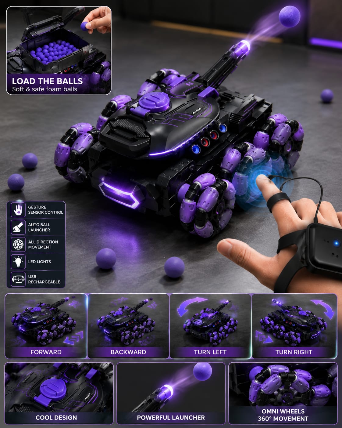 🔥 VELNIVO Gesture Control Stunt Tank 🚀 | 360° Movement + Auto Ball Launcher